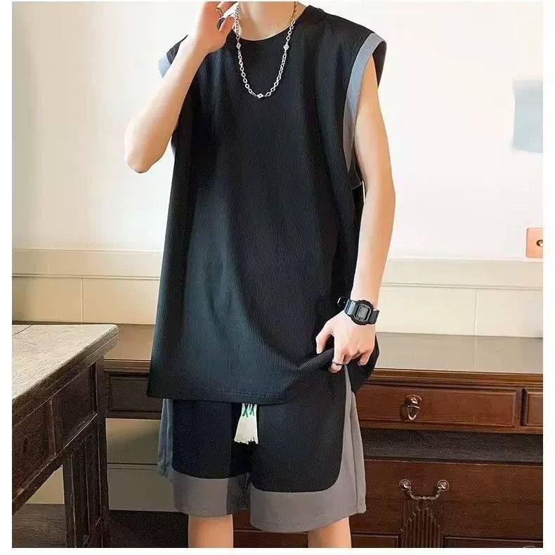 短袖t恤男夏季潮牌冰丝无袖背心背心男生休闲运动健身篮球服套装