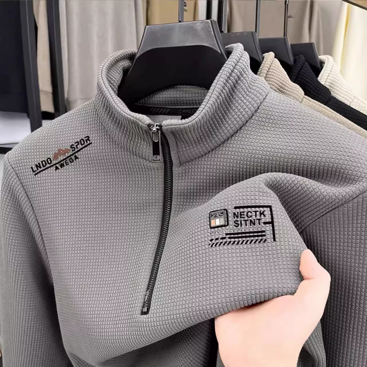 一体绒长袖卫衣男立领半