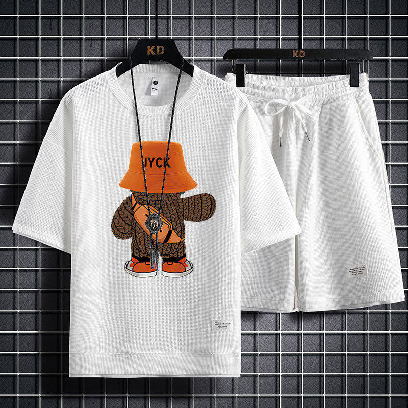 青少年夏季新款休闲运动套装衣服华夫格短裤男学生短袖t恤一套12