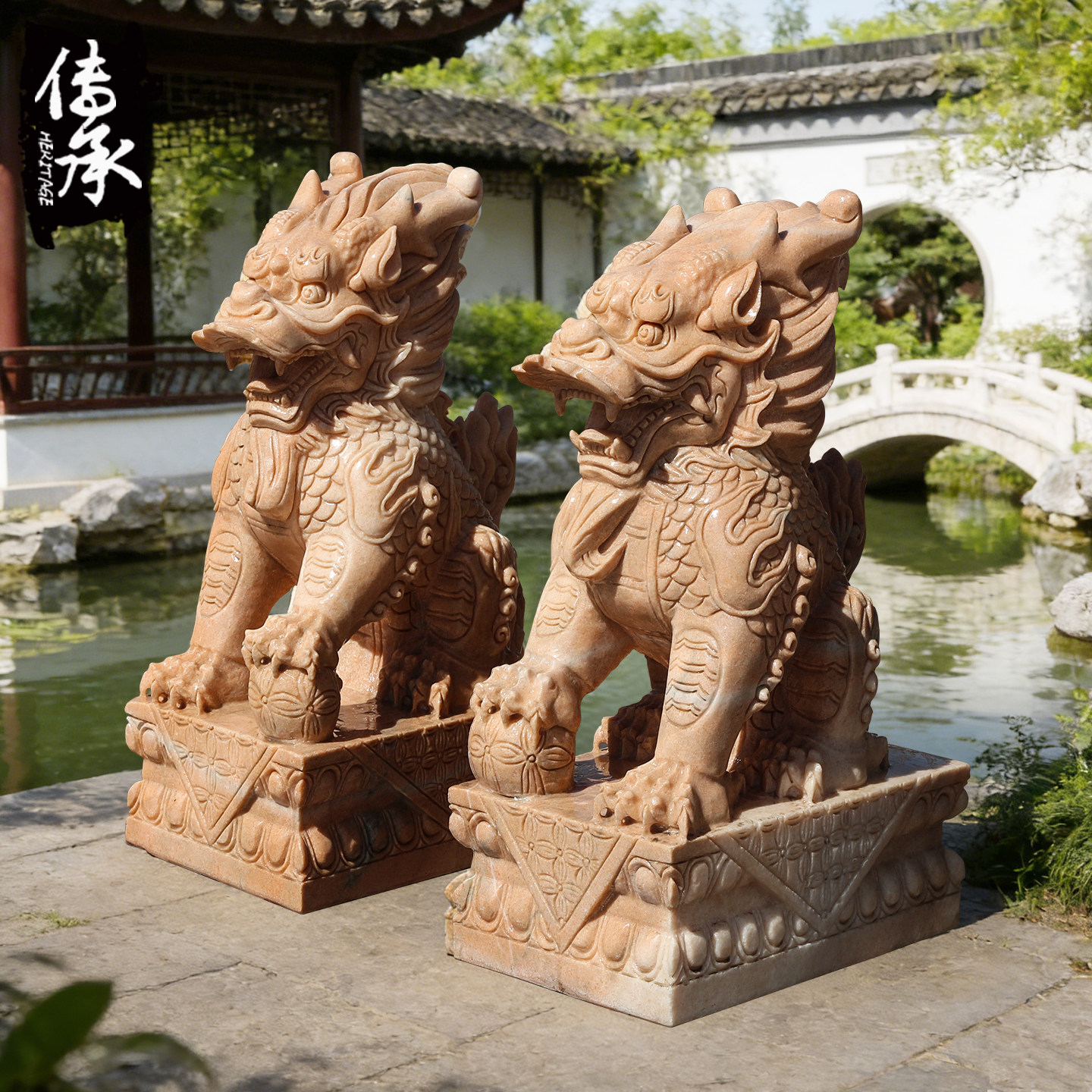 石雕大理石麒麟一对门口家用神兽镇宅公司摆件天然晚霞红雕塑包邮