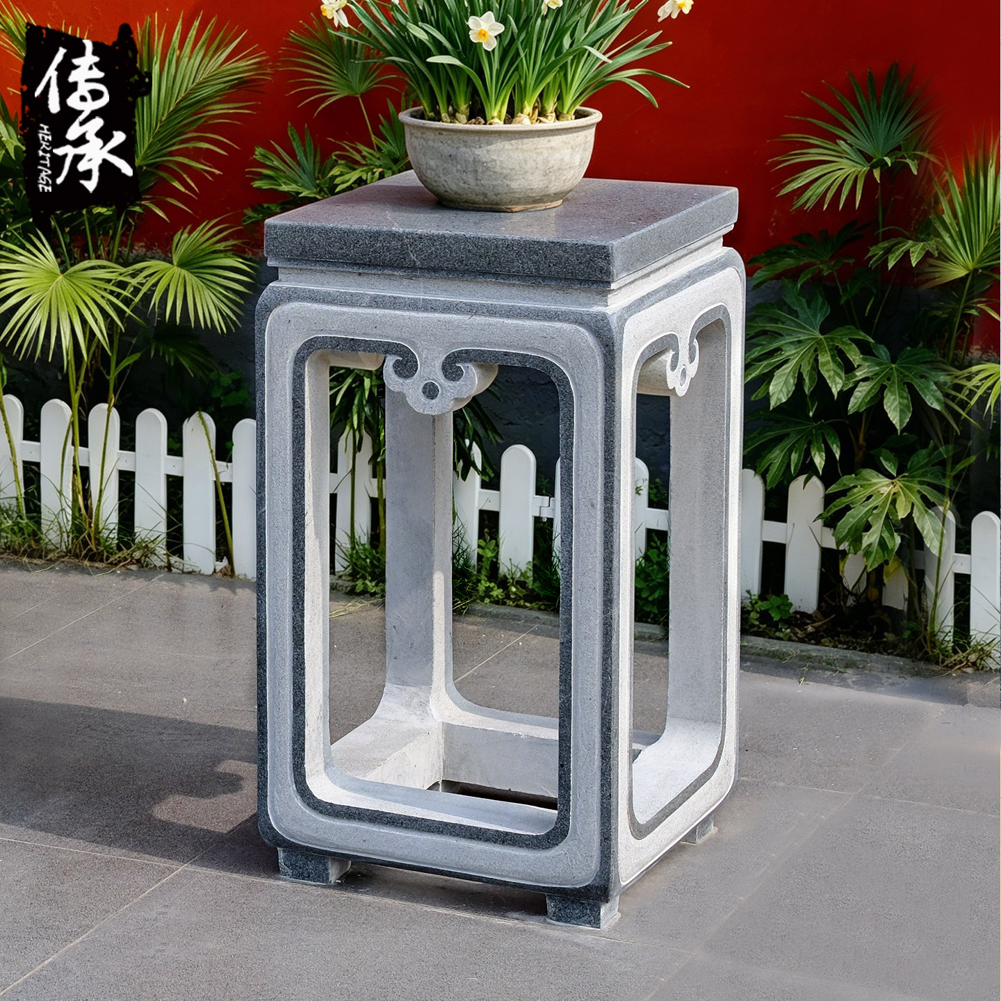 传承石雕花架中式石头摆件方几盆景架花岗岩芝麻黑博古架底座包邮