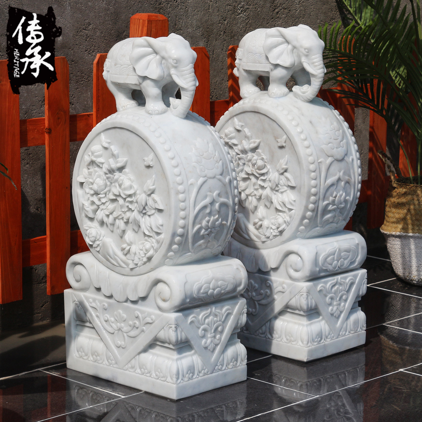 石雕门墩抱鼓石一对汉白玉大象石鼓青石门当小象雕塑门口摆件包邮