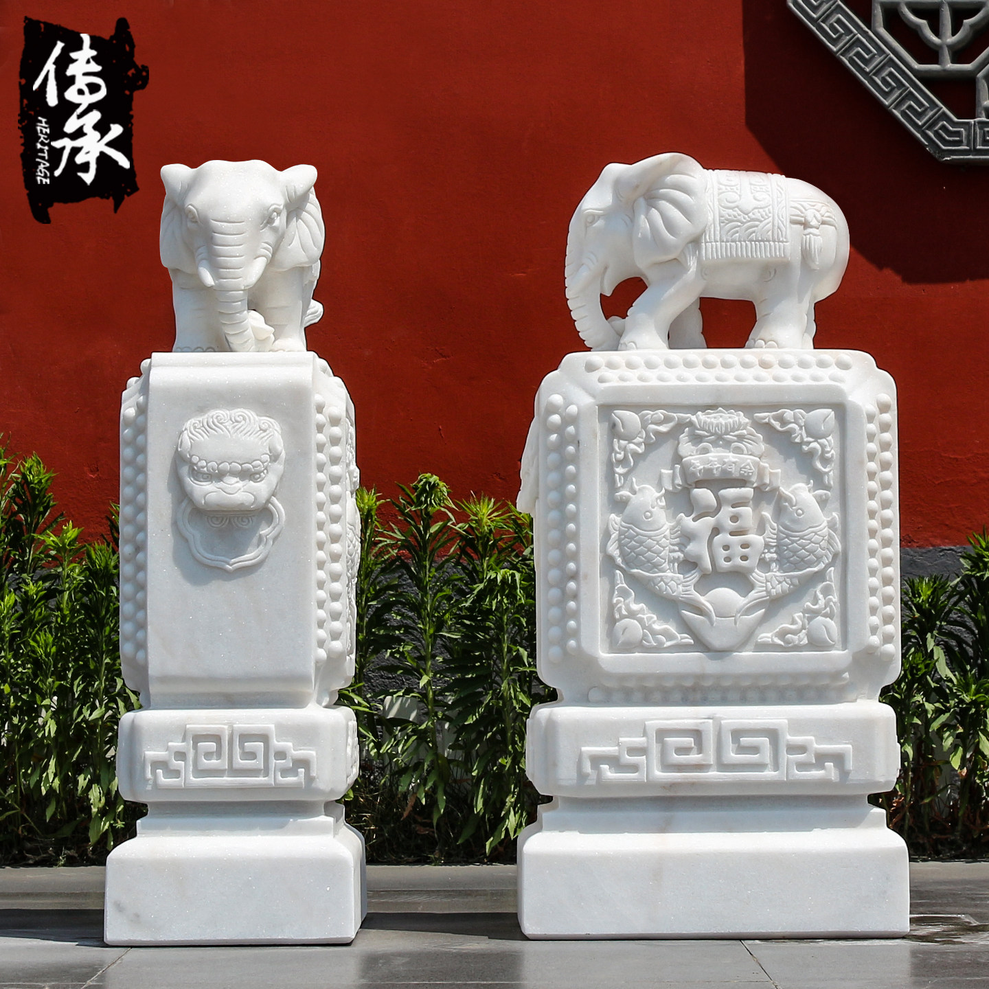 石雕门墩汉白玉抱鼓石一对家用门口小象石雕方形石墩门鼓摆件包邮