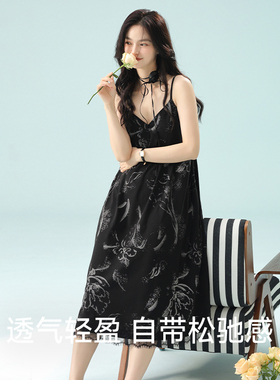 带胸垫睡裙女夏款吊带纯棉长款黑色少女生新款高级纯欲风连衣裙