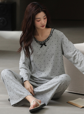 超柔软纯棉波点睡衣女款春秋季带胸垫2025新款甜美舒适家居服套装