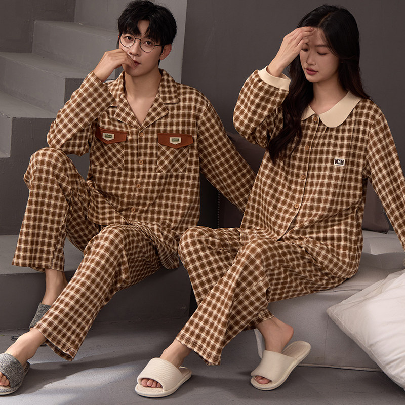 睡衣男女纯棉格子家居服