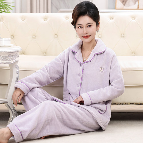 加厚中老年珊瑚绒纯色简约家居服