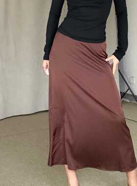 丝质垂感，仿醋酸垂感半身裙欧美百搭拖地休闲丝滑缎面长裙大摆