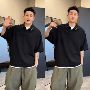 新款 复古高街休闲蝙蝠袖 男士 美式 Polo领假两件T恤潮 时尚 2025夏季