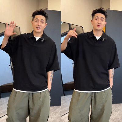 夏季新款男士蝙蝠袖Polo领假两件
