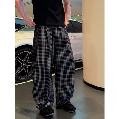 夏季凉感美式复古男士格子休闲裤