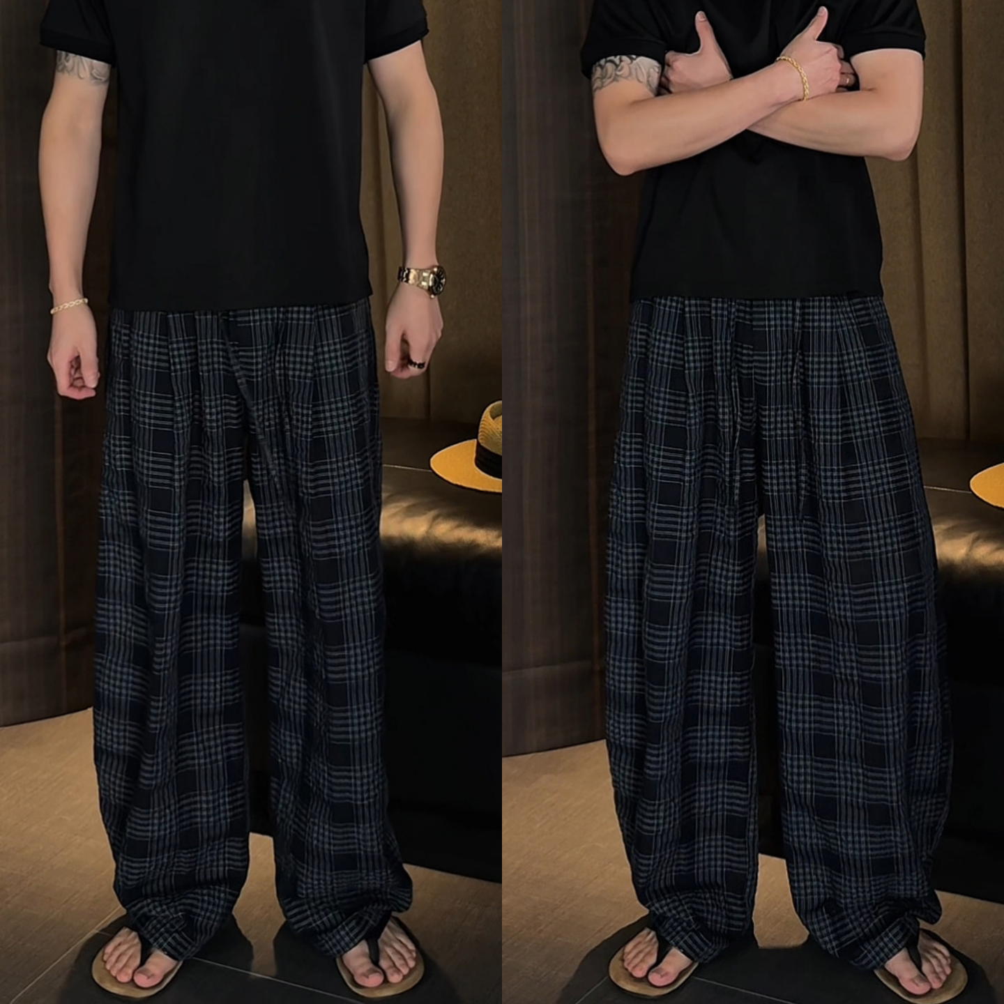 夏季轻薄男士垂感格子直筒休闲裤