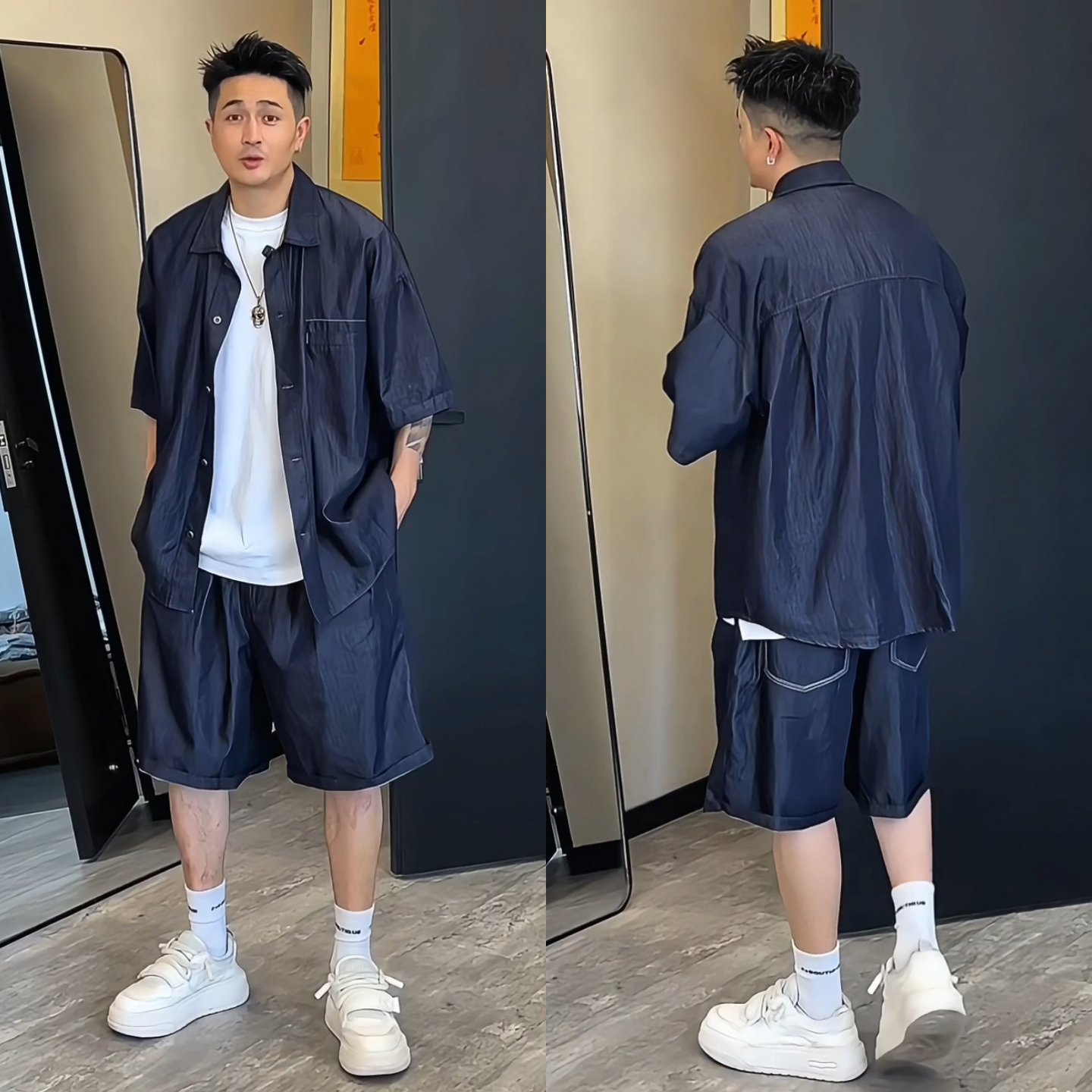 港风痞帅休闲牛仔套装夏季新款男时尚高级复古短袖衬衫短裤两件套