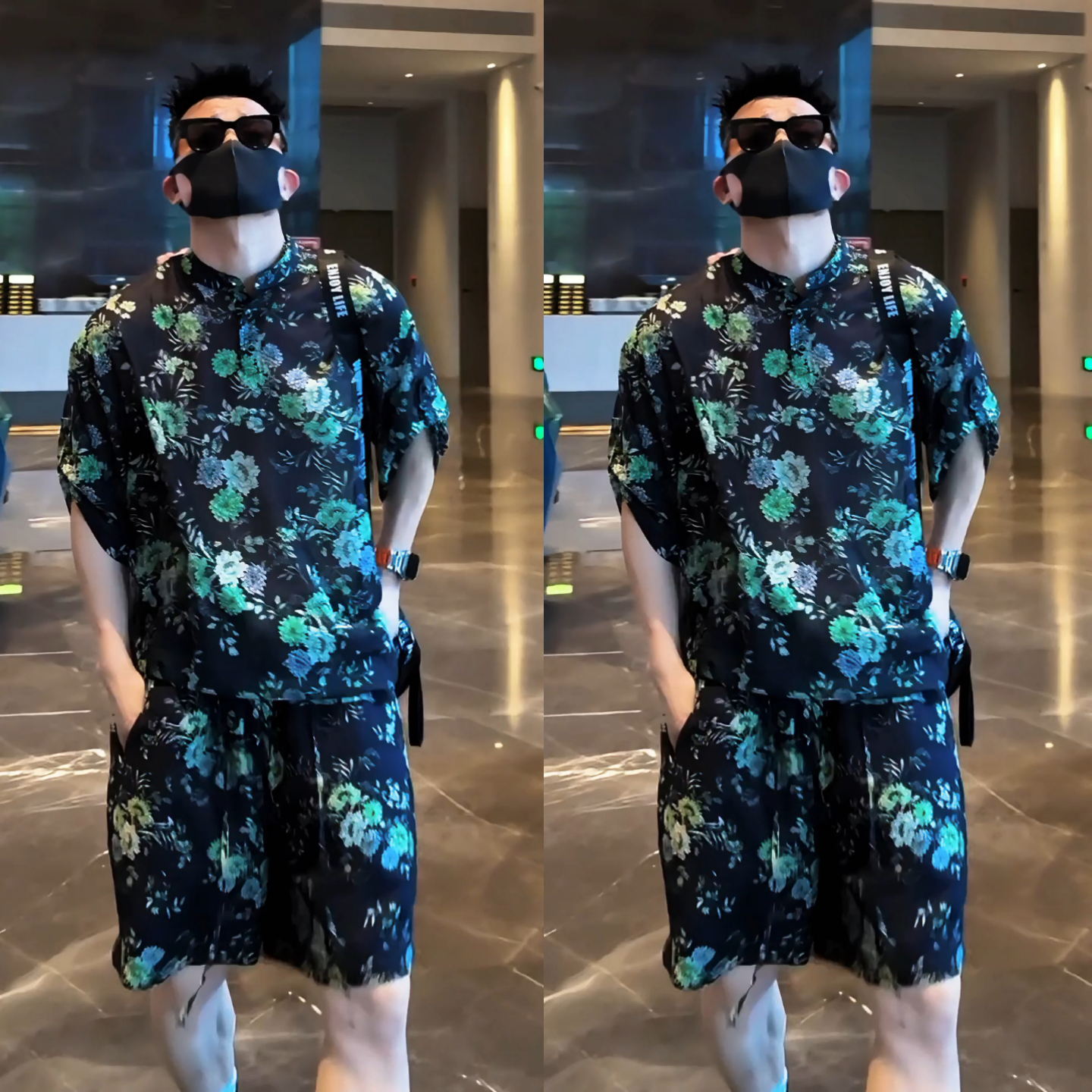 夏季新款男士时尚复古碎花两件套