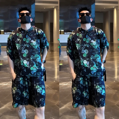 夏季新款男士时尚复古碎花两件套