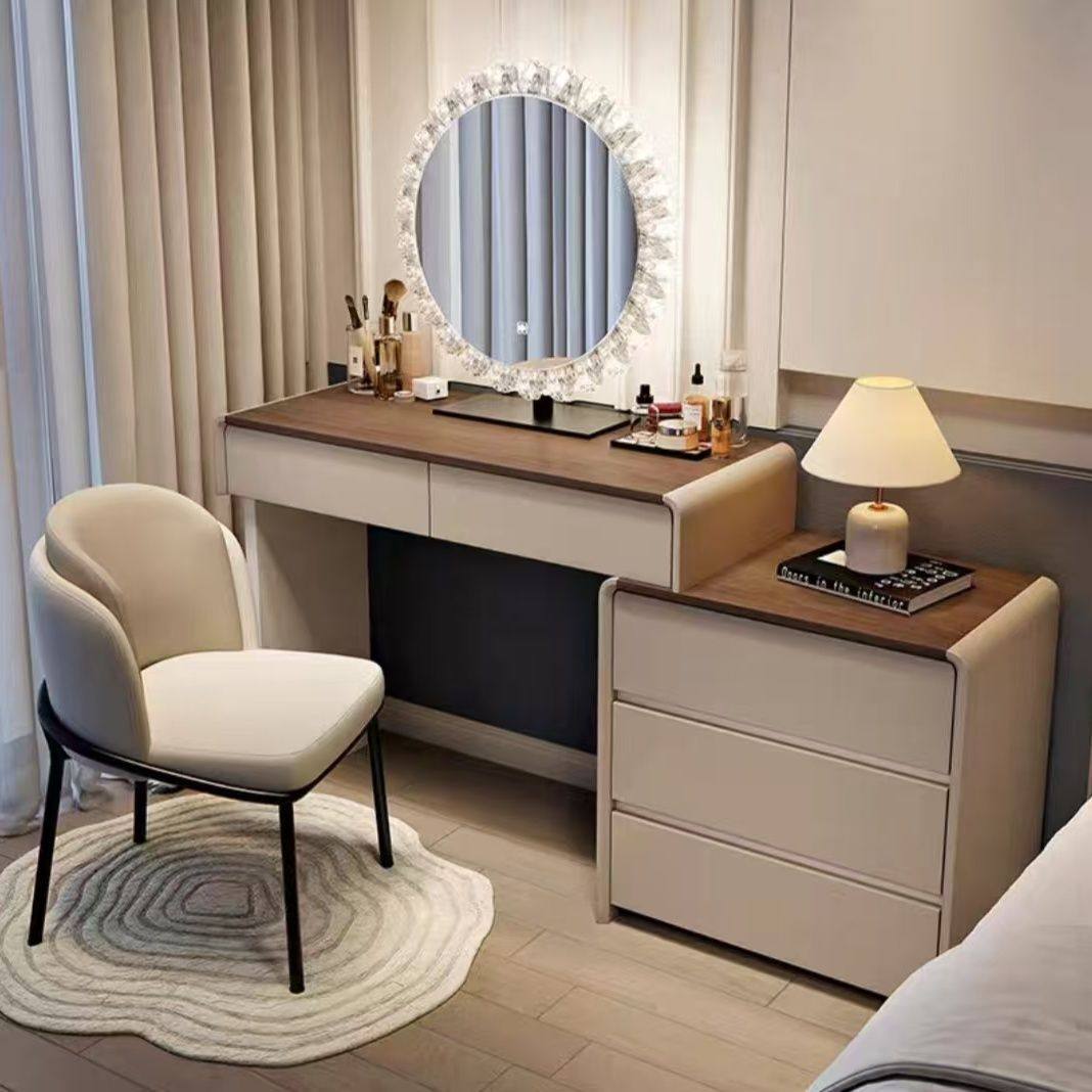 梳妆台卧室斗柜一体现代简约中古风实木化妆桌奶油风氛围灯轻奢