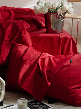 简约风婚庆100支提花四件套全棉结婚床单被套大红色喜庆床上用品