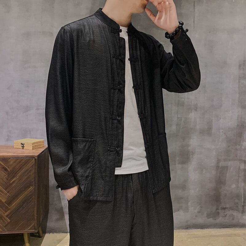 중장년층을 위한 고급 드레이피 수트 트렌디한 중국풍 복고 자켓 중국풍 데님 탕수트 자켓 아빠옷