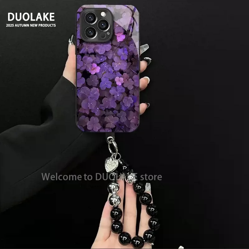 适用苹果oppo华为荣耀vivo小米手机壳17promax新款高级感巨好看小众带挂绳保护套pura80轻奢风暗紫花朵女外壳
