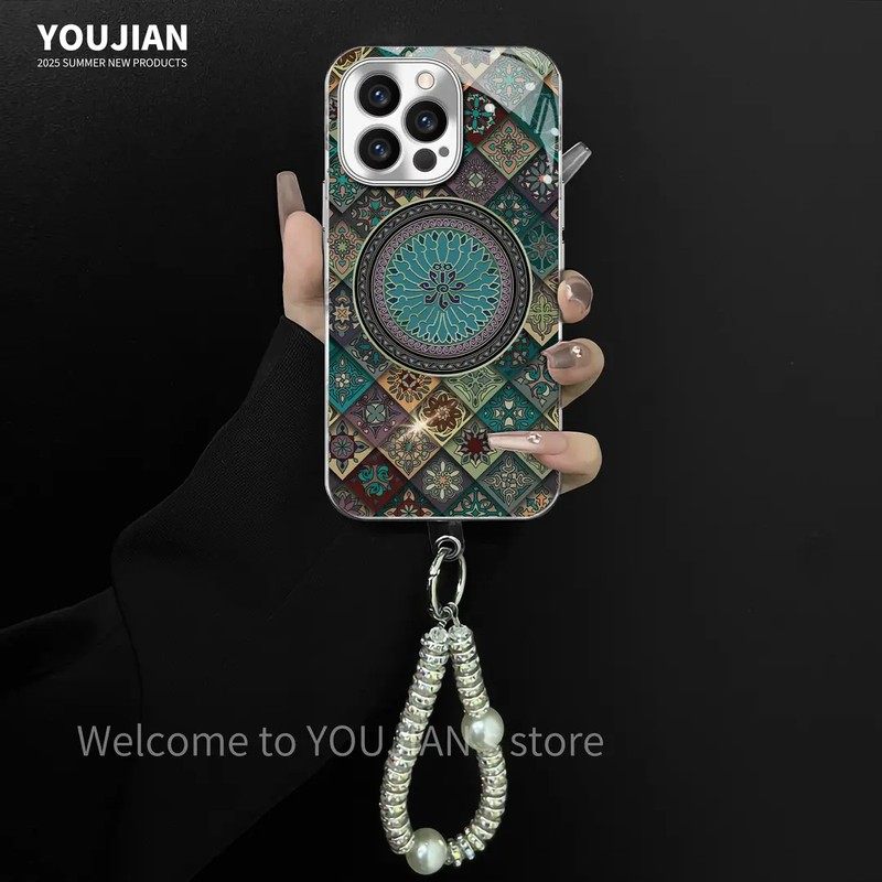 电镀玻璃壳适用苹果华为荣耀oppovivo小米iphone17promax五彩图腾蓝莲花16pro手机壳mate70air女reno15外壳