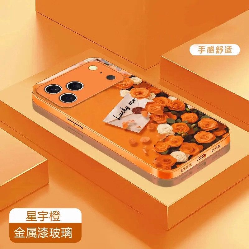 玫瑰花橙金属漆玻璃壳适用苹果vivo华为荣耀oppo小米手机壳17promax新款2026网红爆款保护套mate70高级感外壳