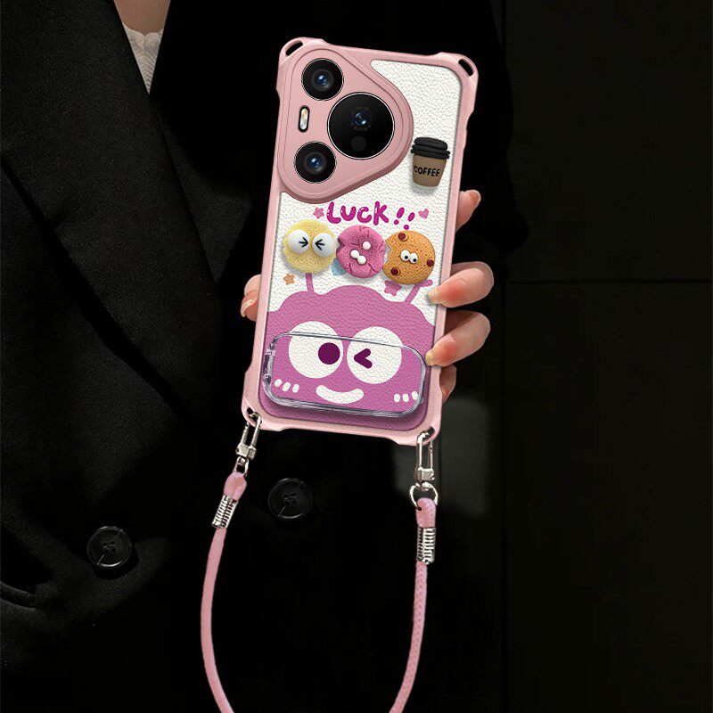 煤球咖啡四角挂绳皮纹适用华为pura70pro手机壳pura80新款独特巨好看全包防摔保护套p60/p50女款个性创意外壳