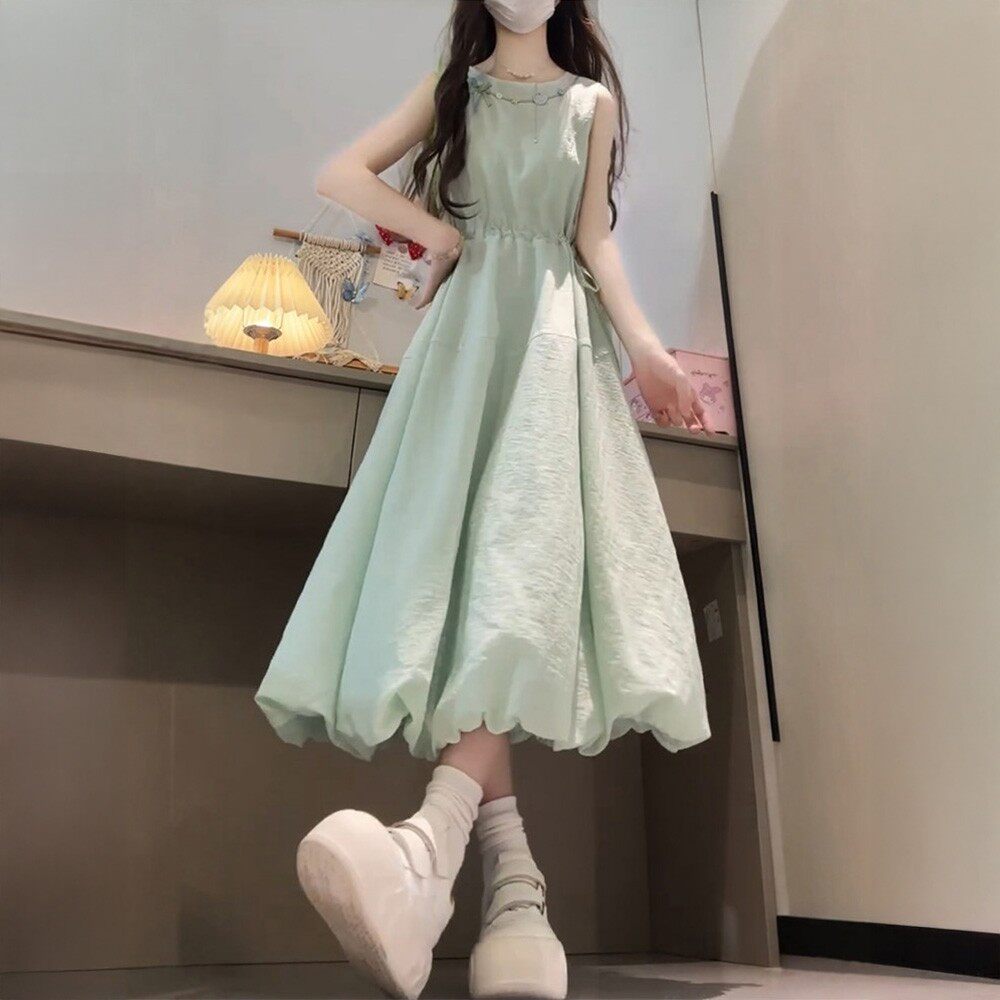 法式甜美薄荷绿背心连衣裙女大童胖童夏小个子小清新收腰花苞长裙