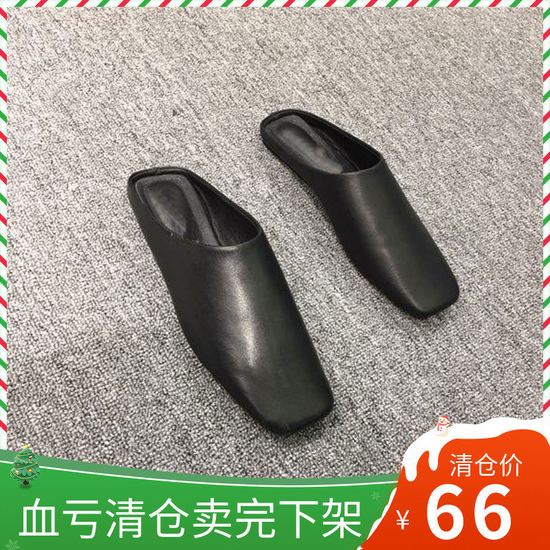 欧洲站2018春夏新款真皮方头女鞋欧货包头平底凉拖鞋时尚拖鞋潮