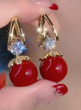 红色珠珠女王气质轻奢复古镶钻耳环S925纯银针高级感时尚优雅耳饰