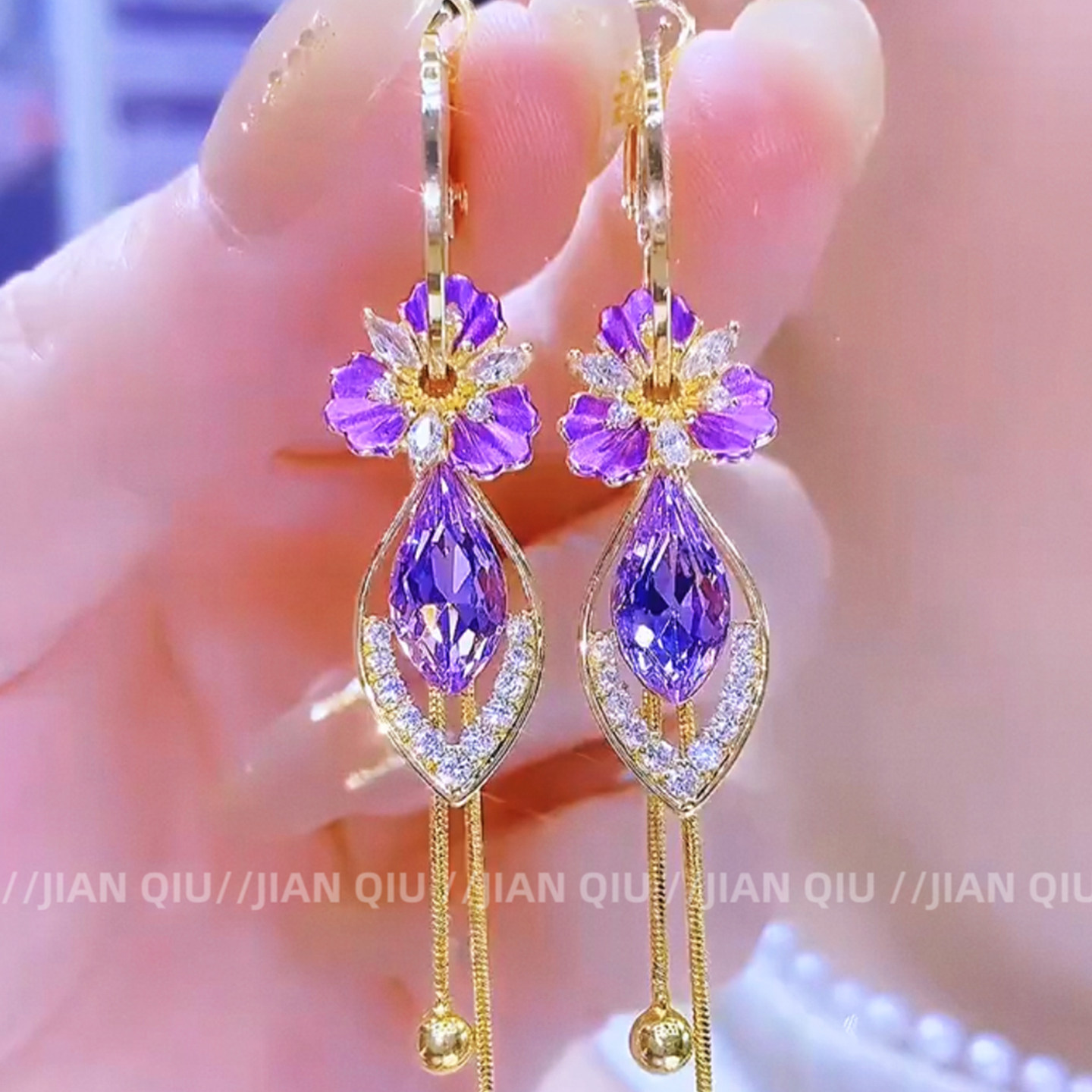 时尚轻奢紫气东来花朵锆石流苏耳环新款S925纯银针高级感长款耳饰