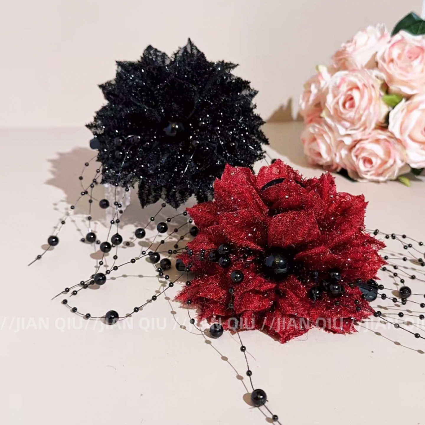 红色气质花朵珍珠单朵抓夹新款显发量后脑勺鲨鱼夹甜美蓬松发夹子,饰品/流行首饰/时尚饰品新,发饰,淘宝优惠券,粉丝福利购,淘宝优惠卷