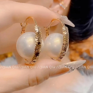 时尚 S925银针高级感优雅女王百搭耳环耳饰 大珍珠轻奢港风耳圈新款