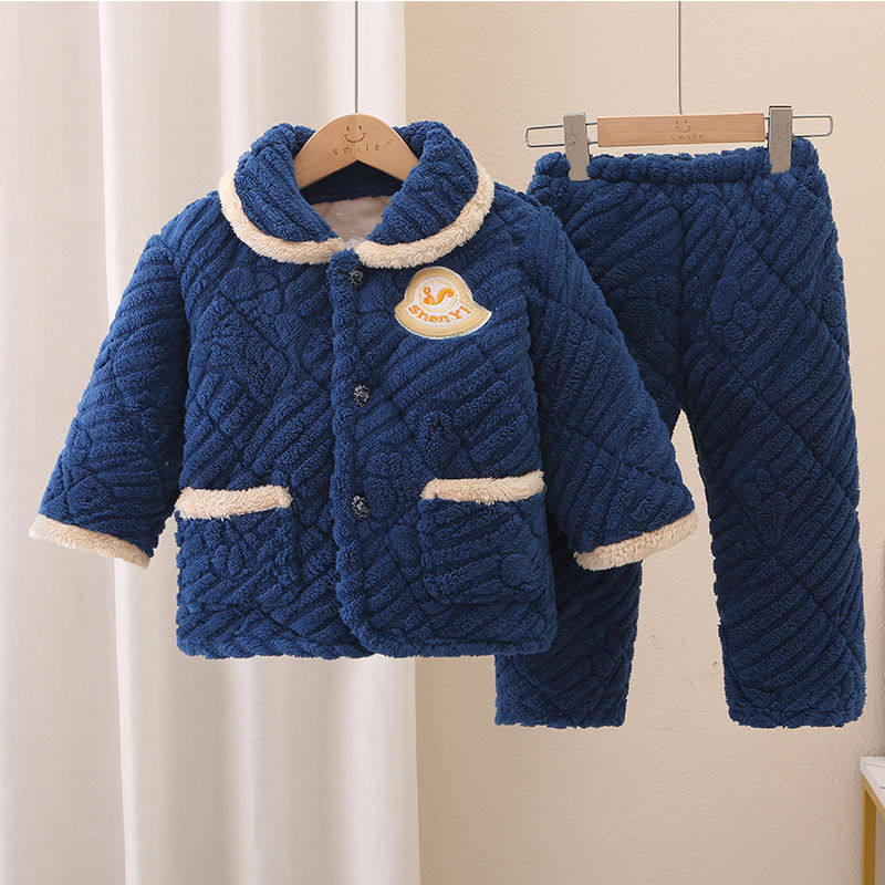 儿童法兰绒睡衣冬季夹棉加厚款宝宝套装女童睡衣珊瑚绒男童家居服