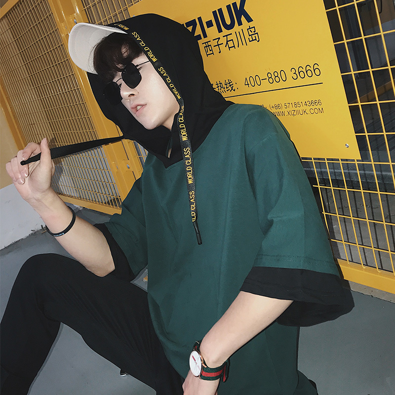 夏季连帽七分袖T恤男假两件韩版潮流bf港风宽松潮牌嘻哈7短袖卫衣|msdalam kategori Pakaian Lelaki, baju-T - dari Buy2taobao.com untuk memberikan perkhidmatan ejen Taobao profesional membeli