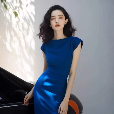 优雅气质名媛女神范御姐风礼服裙收腰短袖轻熟高端精致连衣裙