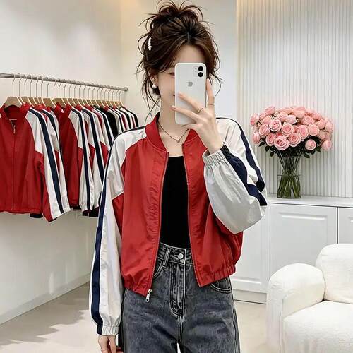 爆款女装2026春秋新款超好看宽松撞色上衣开衫棒球服休闲短外套潮