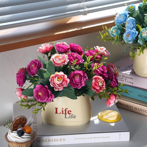 奶色Life花盆仿真玫瑰绢花小盆栽卧室桌面氛围感人造花艺装饰品