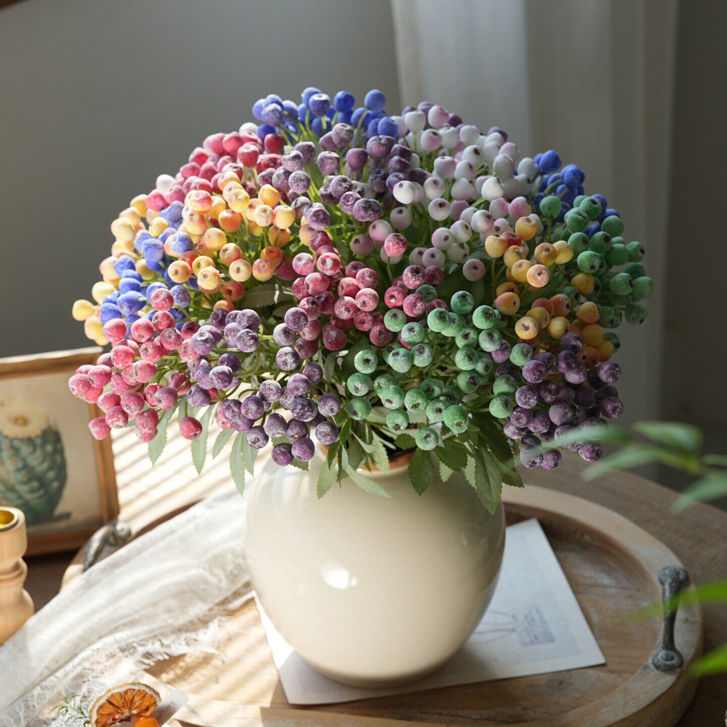 仿真果实野浆果花菜圣诞树装饰假树枝手捧花素材带霜蓝莓拍照道具