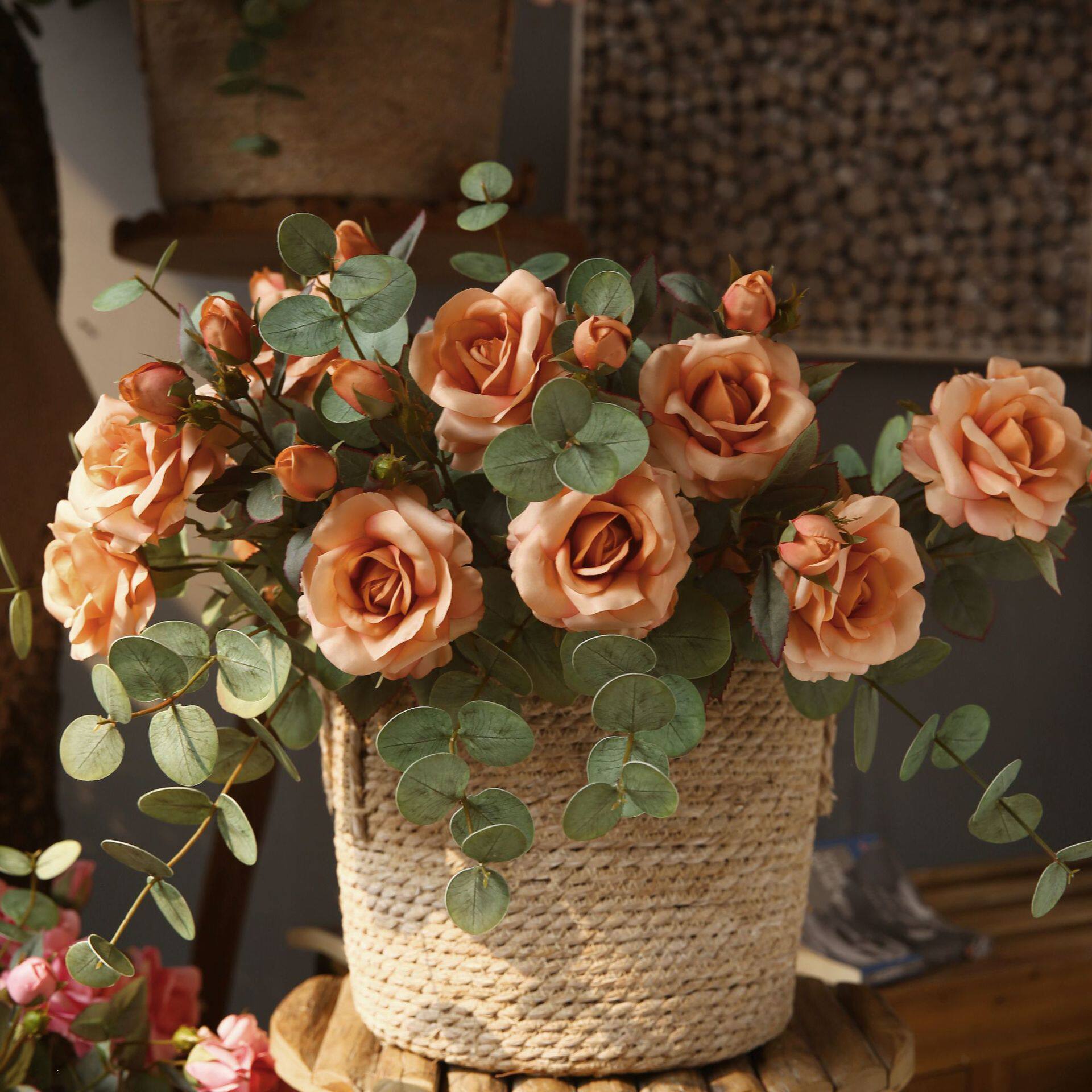 美式乡村仿真玫瑰花绢花落地摆放干花卉客厅创意家居装饰摆件假花