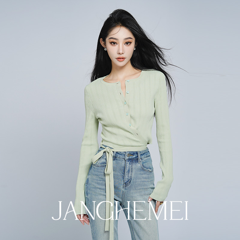 JANGHEMEI【别致绑带针织开衫】春秋新款长袖茶里茶气短款上衣女 女装/女士精品 毛针织衫 原图主图