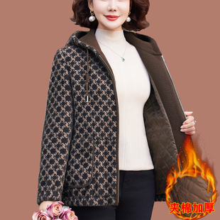 妈妈秋冬装毛呢外套中老年女夹棉加厚短款连帽水貂绒格子显瘦上衣