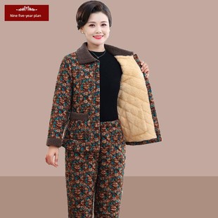 中老年人女碎花棉服两件套奶奶加绒加厚睡衣 套装 妈妈冬装 棉衣棉裤