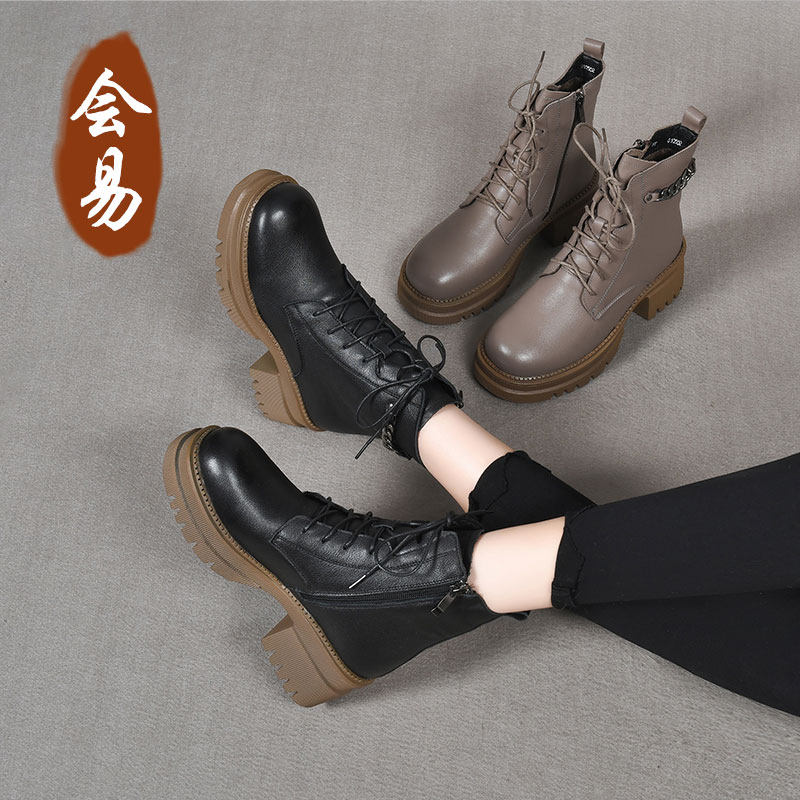 牛皮时装靴短靴女2024新款厚底真皮高跟女靴女鞋马丁靴皮靴,女鞋,时装靴,淘宝优惠券,粉丝福利购,淘宝优惠卷