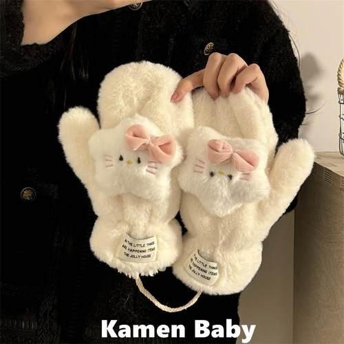 可爱猫咪手套女生冬天玩雪手套加绒加厚连指全包挂脖保暖韩版百搭