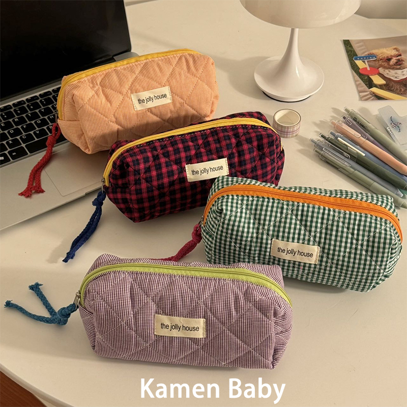 复古格纹笔袋女ins风多功能大容量初中生文具袋小学生铅笔盒耐脏