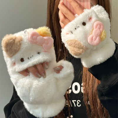 可爱猫咪毛绒半指翻盖手套女秋冬季加绒加厚保暖学生写字骑车防寒