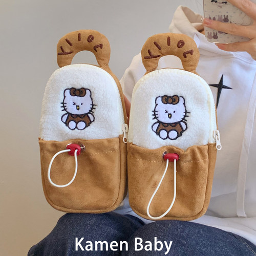可爱猫咪麂皮绒大容量手提笔袋