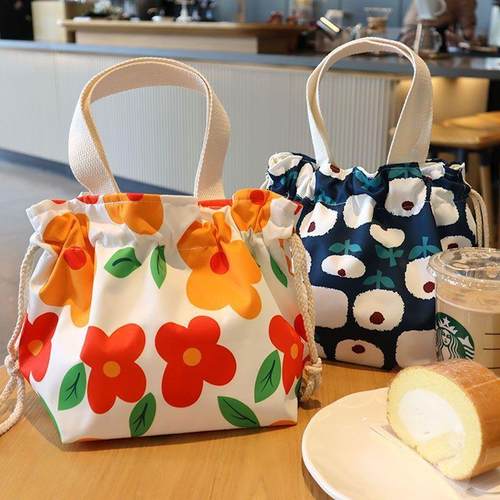可爱花朵手提抽绳便当包学生上班装饭盒袋子大容量日式手拎束口袋