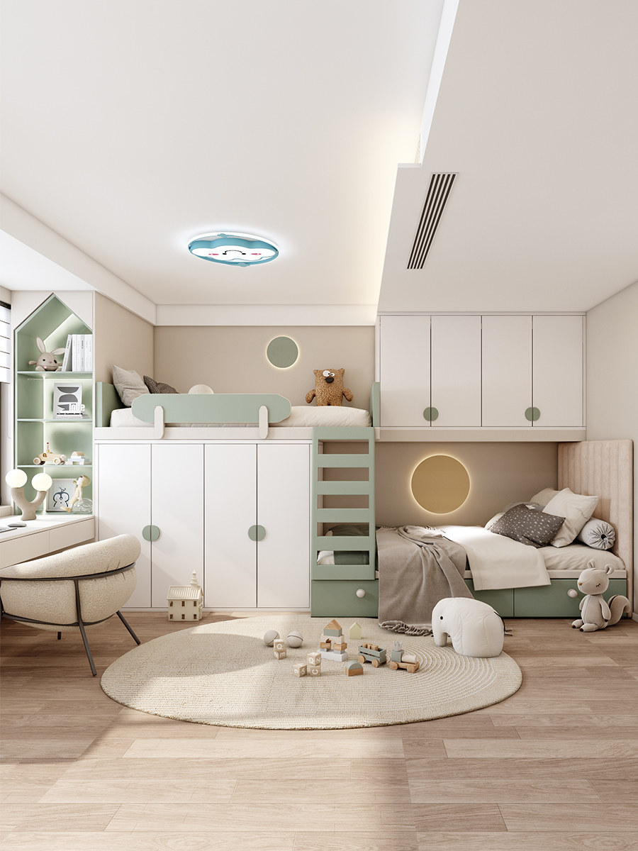 儿童房全屋定制兄妹两个孩子一个房间姐弟s型互不打扰半高组合床