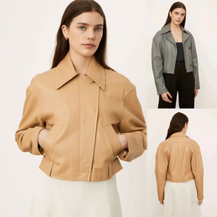 VINCE代购2023新款简约英伦短款真羊皮短款女士机车夹克皮衣外套